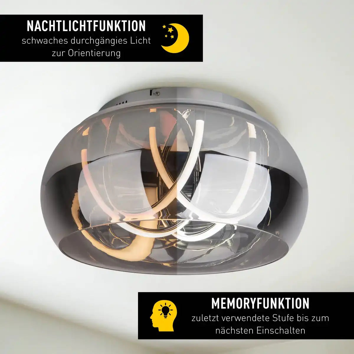 LED Deckenleuchte "MALOU" Ø 45 cm, 23,5 cm hoch, aus Metall, Rauchglas, integrierte LEDs, warmweiß