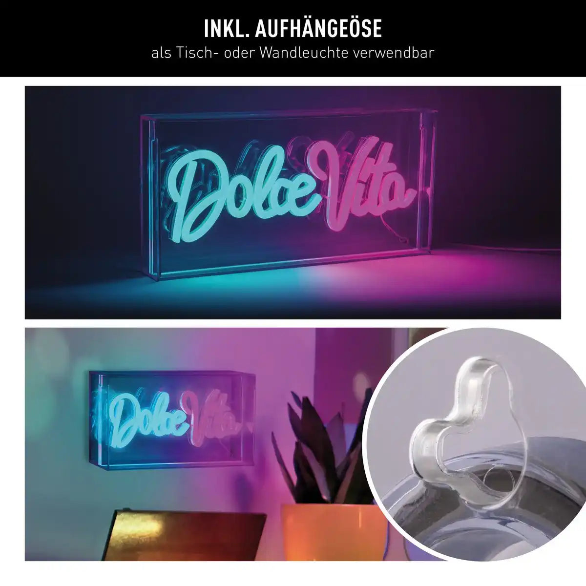 LED Schriftleuchte "Dolce Vita" Deko für Innen 30 x 15 cm, in blau und magenta-rot