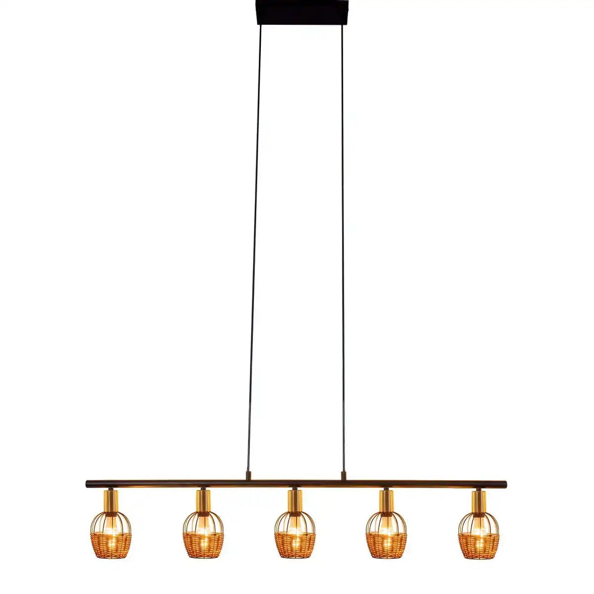5er Pendelleuchte "CORBIS", Hängelampe aus Metall in Schwarz, mit Gold und Rattan, mit E14-Fassung, für Esszimmer, Wohnzimmer, Diele oder Büro, 100 cm lang