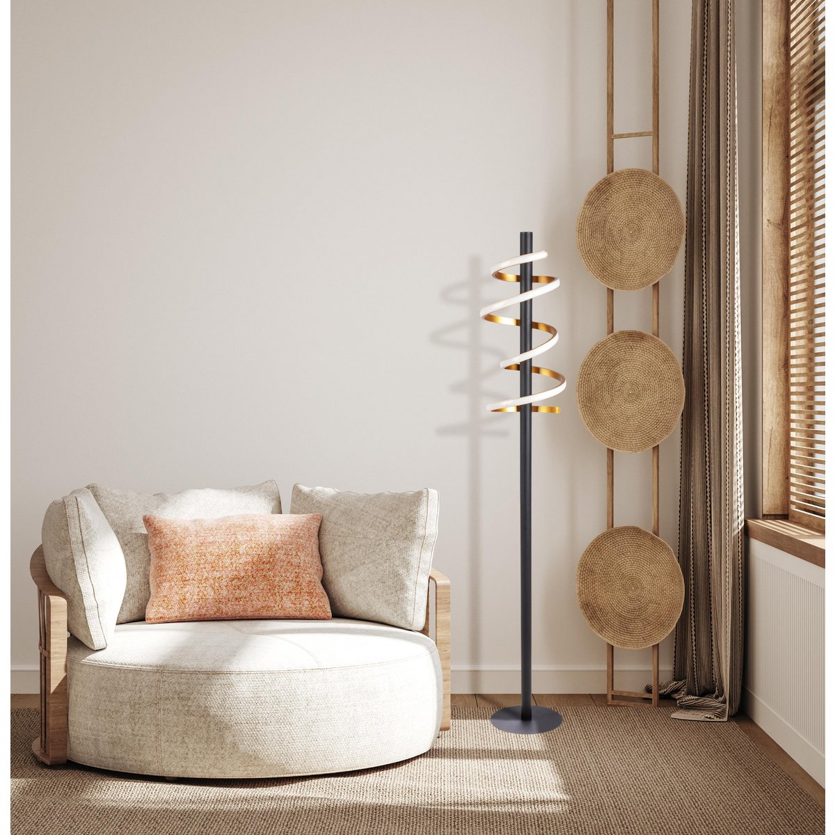 LED-Stehleuchte "BELLEZA", moderne Stehlampe aus Metall und Kunststoff in Schwarz, Gold und Weiß, mit fest verbauten LEDs, 140 hoch, Beleuchtung für Wohnzimmer, Esszimmer, Schlafzimmer oder Büro.