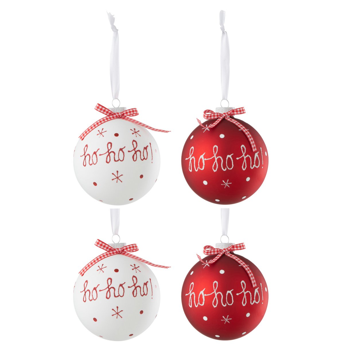 J-Line Box mit 4 Weihnachtskugeln, 2+2 Hoho+Schneeflocken+Schleife, Rot/Weiß, groß