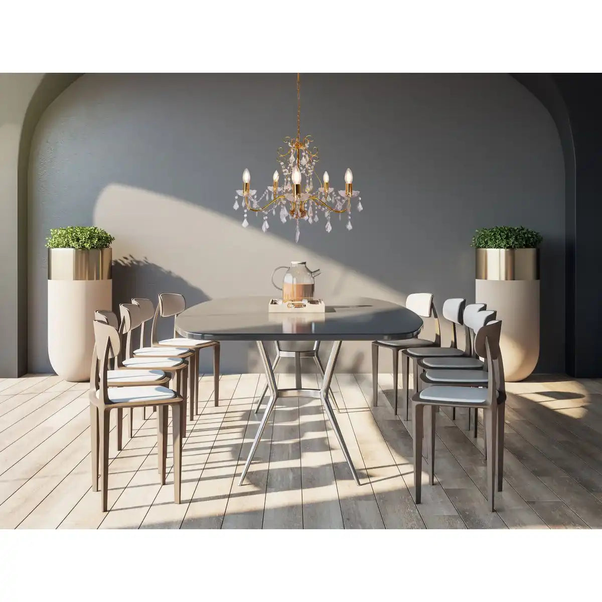 Krone 5flg. "LUCIA" mit Behang , aus Metall und Kunststoff in Gold, mit E14-Fassung, Beleuchtung für Esszimmer, Wohnzimmer, Diele oder Büro