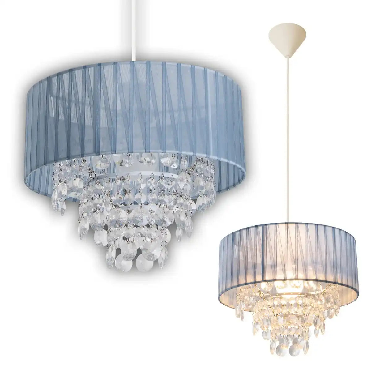 Deko-Pendelleuchte "KRISTALLO", Hängelampe aus Metall, transparentem Kunststoff und grauem Textilmaterial, E27-Fassung, für Esszimmer, Wohnzimmer, Diele oder Büro, 30 cm Durchmesser