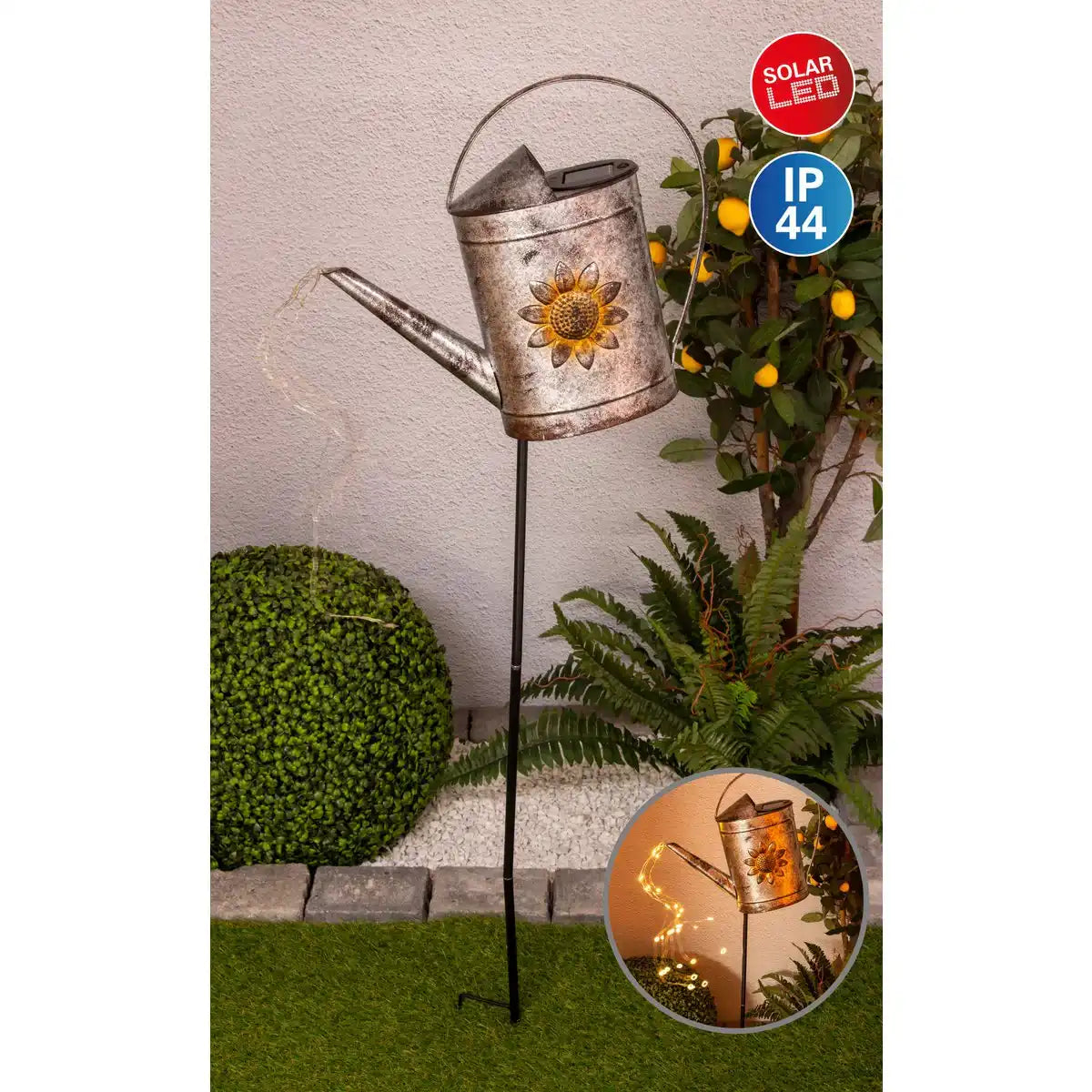 LED-Solar Erdspieß (Gießkanne) h: 110cm verzinkt , für Außen, Erdspieß aus Metall und Kunststoff in Silber, mit integrierter LED