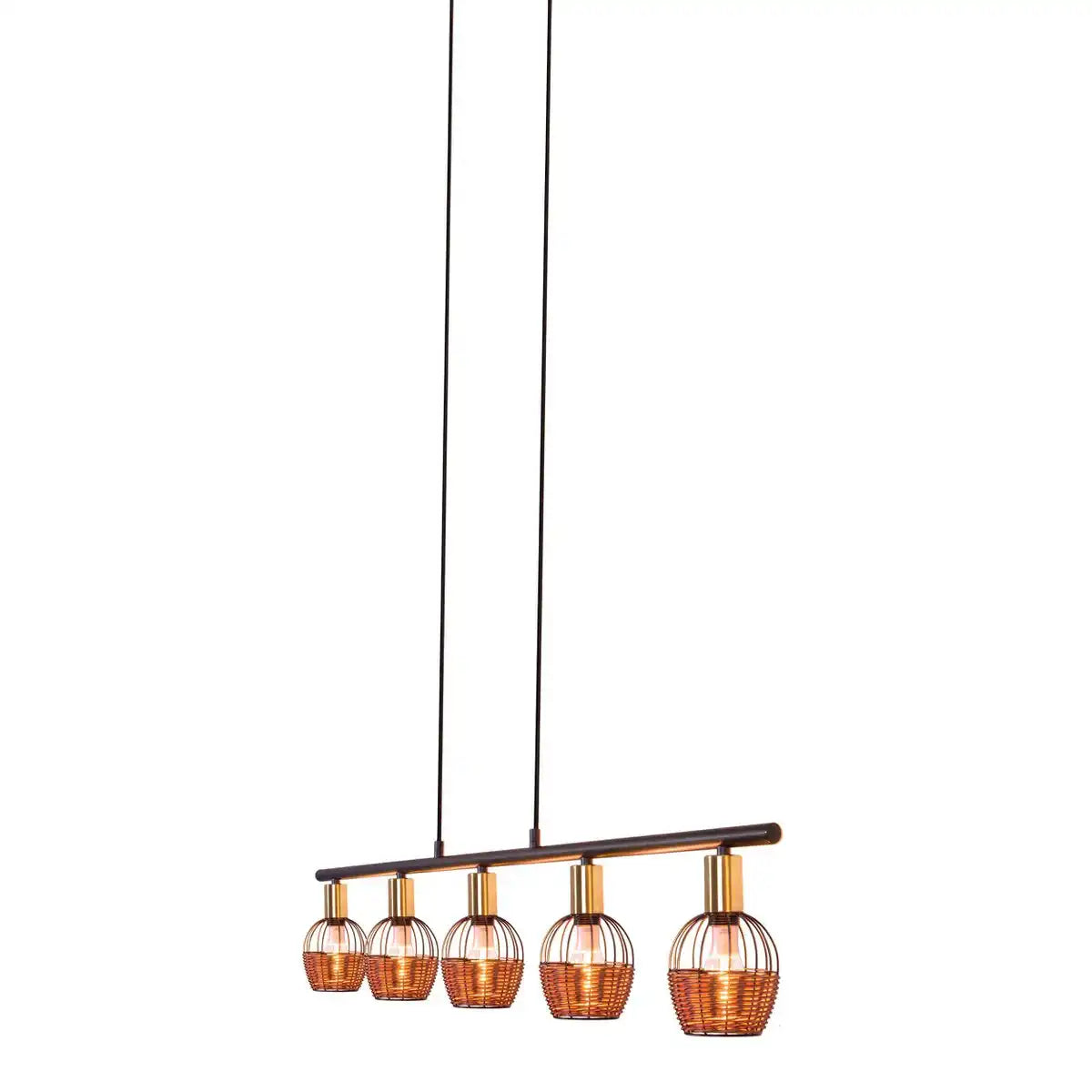 5er Pendelleuchte "CORBIS", Hängelampe aus Metall in Schwarz, mit Gold und Rattan, mit E14-Fassung, für Esszimmer, Wohnzimmer, Diele oder Büro, 100 cm lang