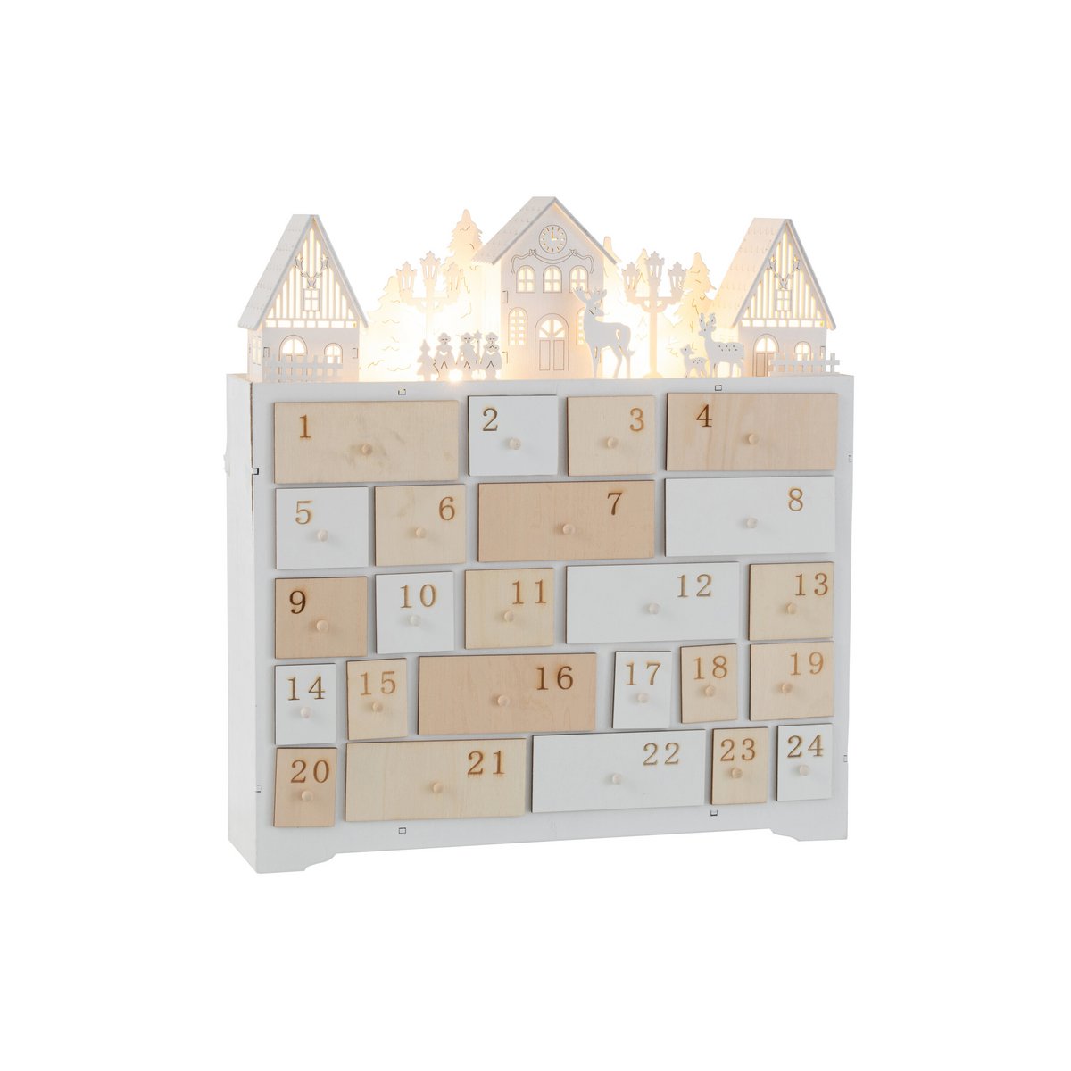 J-Line Adventskalender Weihnachten – Holz – Weiß – 40 cm – LED-Leuchten