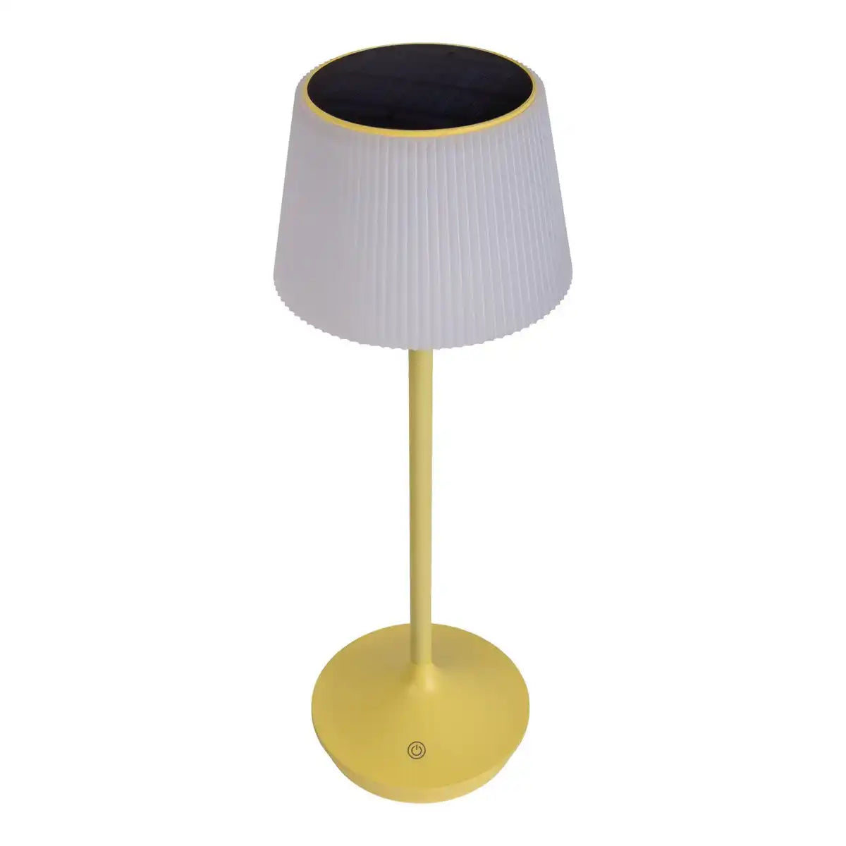 Solar-Akkutischleuchte "EMMI" 38 cm hoch, Schirm Ø 13 cm, Metall in Gelb und weißer Kunststoff, für den Außenbereich, dimmbar CCT.
