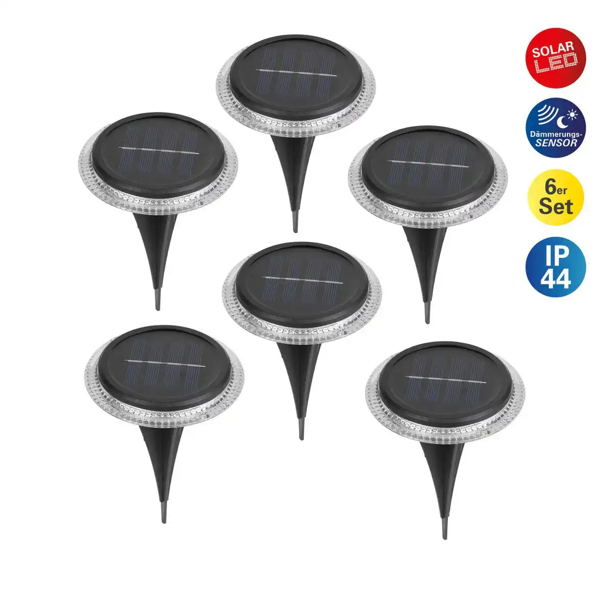 6er Set Solar-Boden-Erdspießleuchte Ø ca, 11,2 cm, schwarzer Kunststoff, Dämmerungssensor, für Eingang, Terrasse und Wege