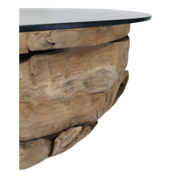 HSM Collection-Runder Couchtisch Root-ø80x45 (Glas ø90)-Braun-Teak/Glas