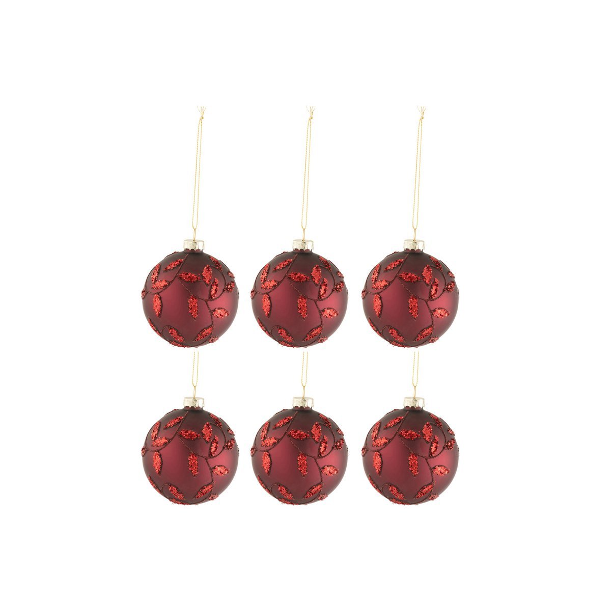 J-Line Box mit 6 Weihnachtskugeln, Blätter, glitzerndes Glas, matt, Weihnachtsrot, klein