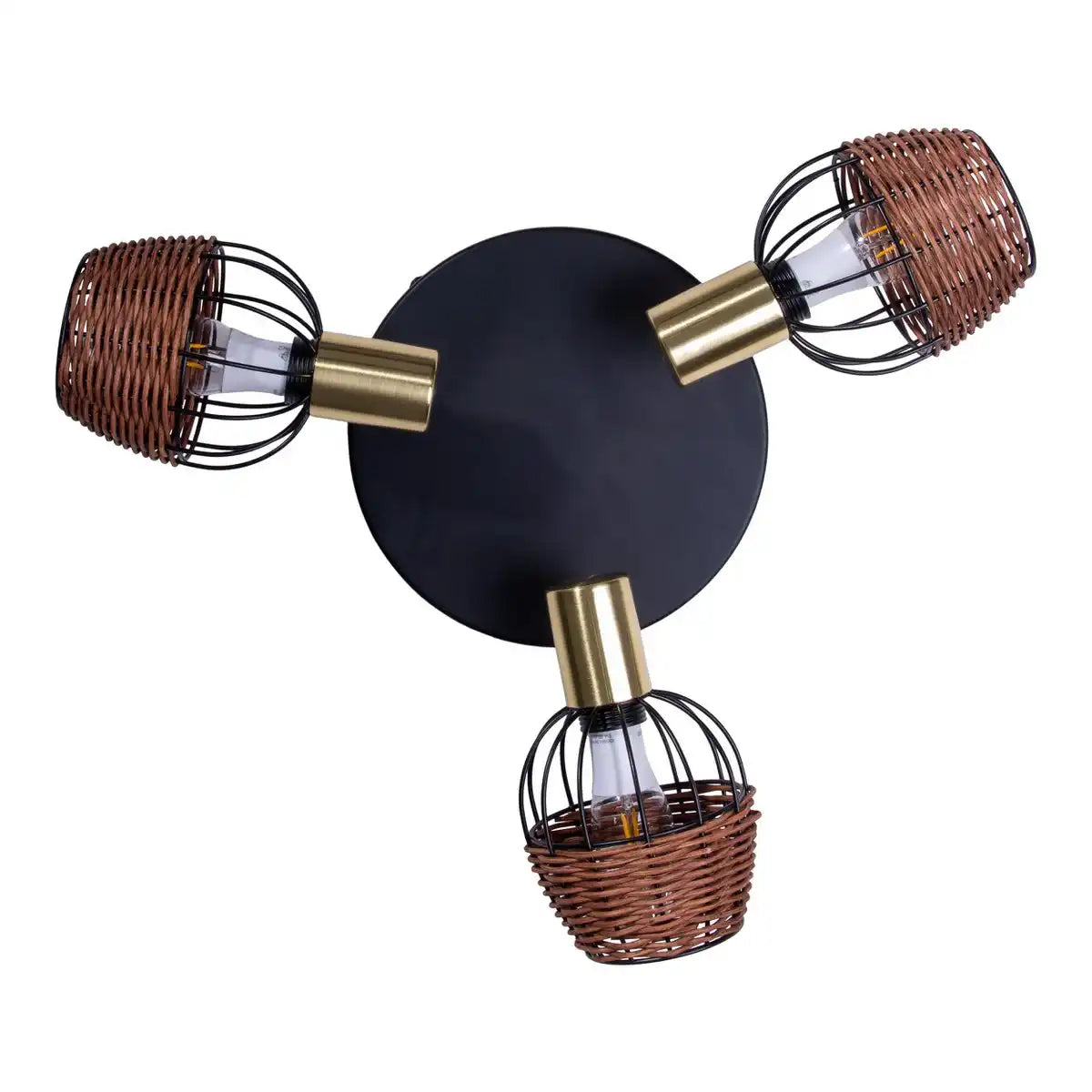 3er Deckenrondell "CORBIS", Spot aus Metall in Schwarz, mit Gold und Rattan, mit E14-Fassung, für Esszimmer, Wohnzimmer, Diele oder Büro, Beleuchtung für Wohnzimmer, Esszimmer oder Büro, 38 cm Durchmesser