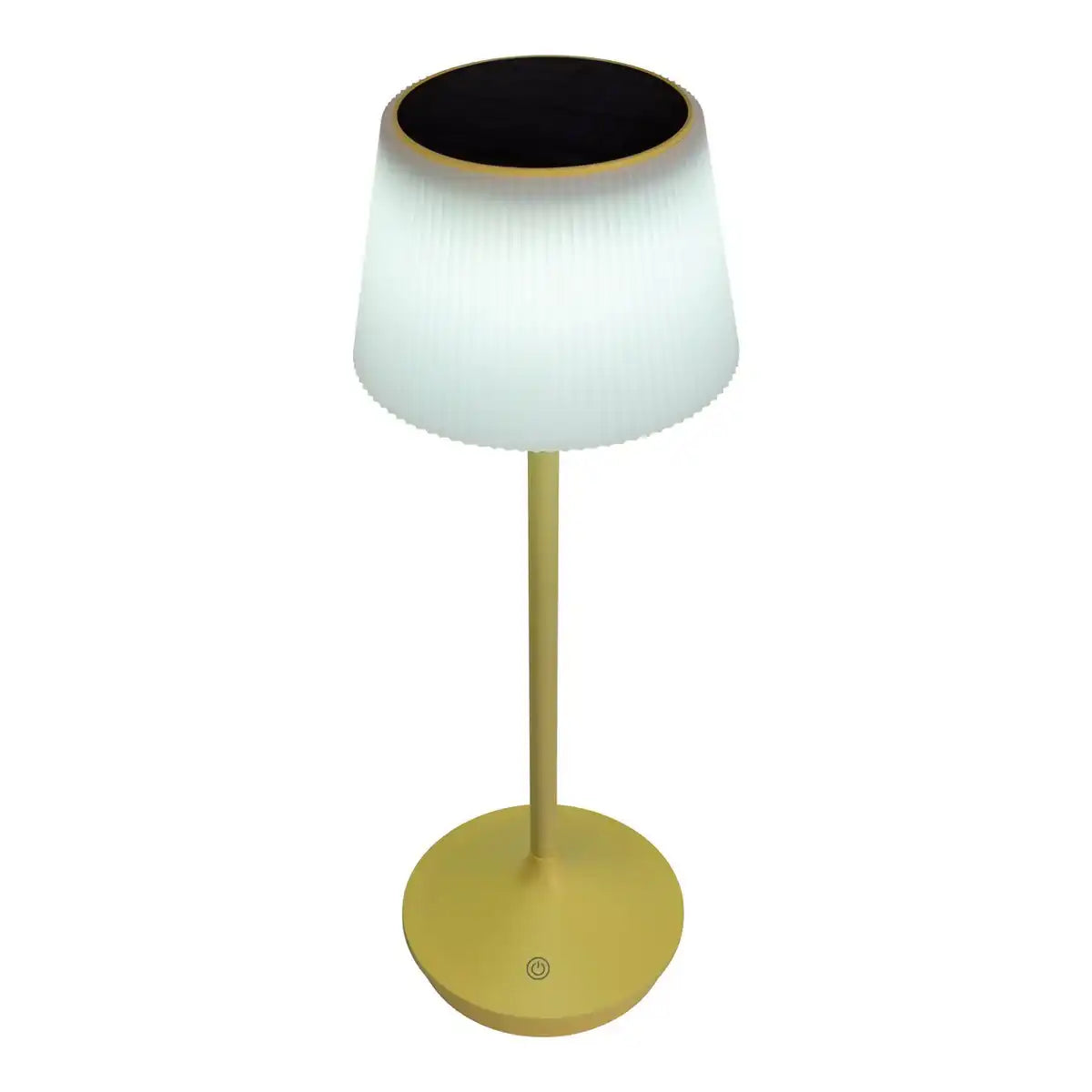 Solar-Akkutischleuchte "EMMI" 38 cm hoch, Schirm Ø 13 cm, Metall in Gelb und weißer Kunststoff, für den Außenbereich, dimmbar CCT.