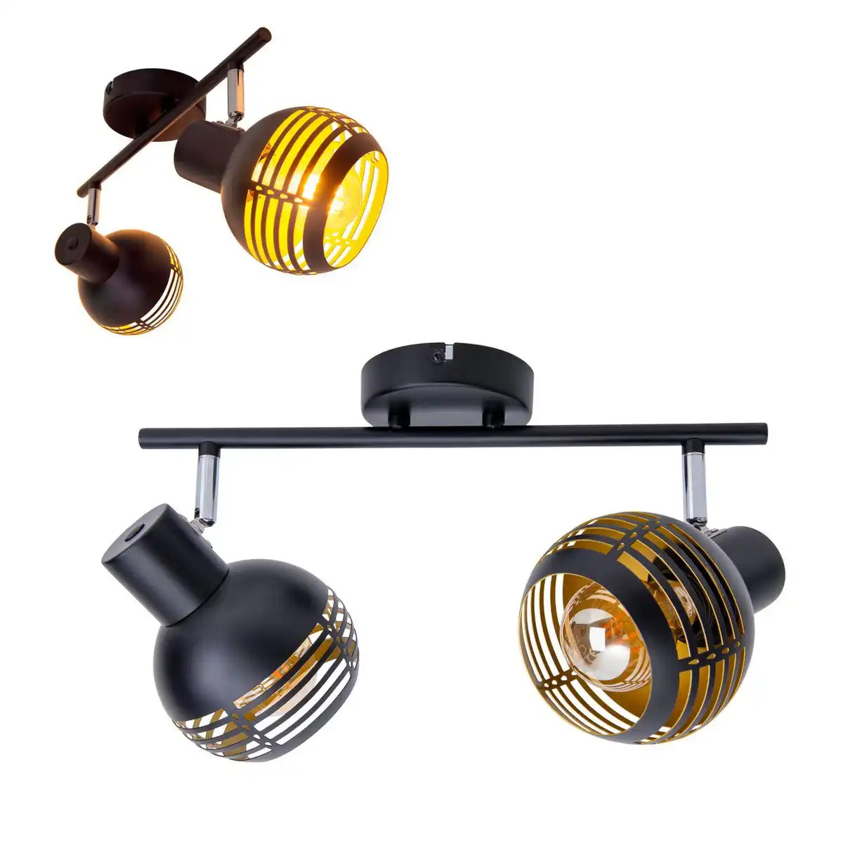 2er Wand- und Deckenleuchte Spot "CASCO" aus Metall in Schwarz, und Gold, mit E27-Fassung, 36 x 12 x 15 cm. Stilvolle Beleuchtung für Wohnzimmer, Esszimmer oder Küche.