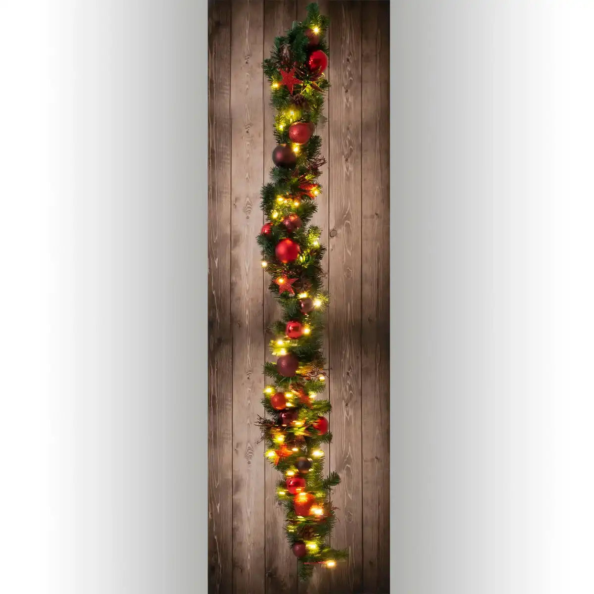 LED-Weihnachtsranke "NOEL" Außen-Deko aus Metall und Kunststoff in Grün und Gold, mit fest verbauten LEDs