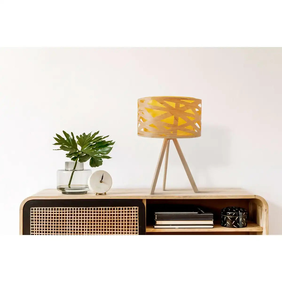 Tischleuchte "FINJA" aus naturfarbigem Kunststoff/Holzimitat, mit E27-Fassung Beleuchtung für Wohnzimmer, Esszimmer oder Büro, 55 cm hoch