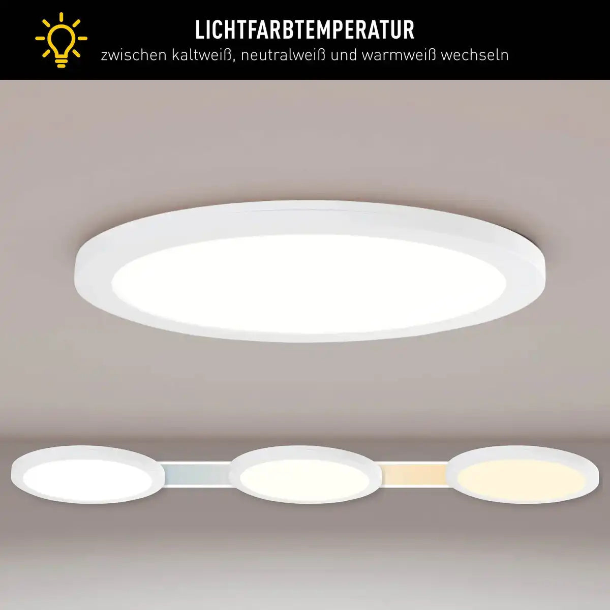 LED Deckenleuchte "BONUS" Ø29 cm, Funktionsleuchte Einbau- und Aufbau möglich, Deckenlampe aus Metall und Kunststoff in weiß, mit fest verbauten LEDs, inkl. CCT-Farbwechsler