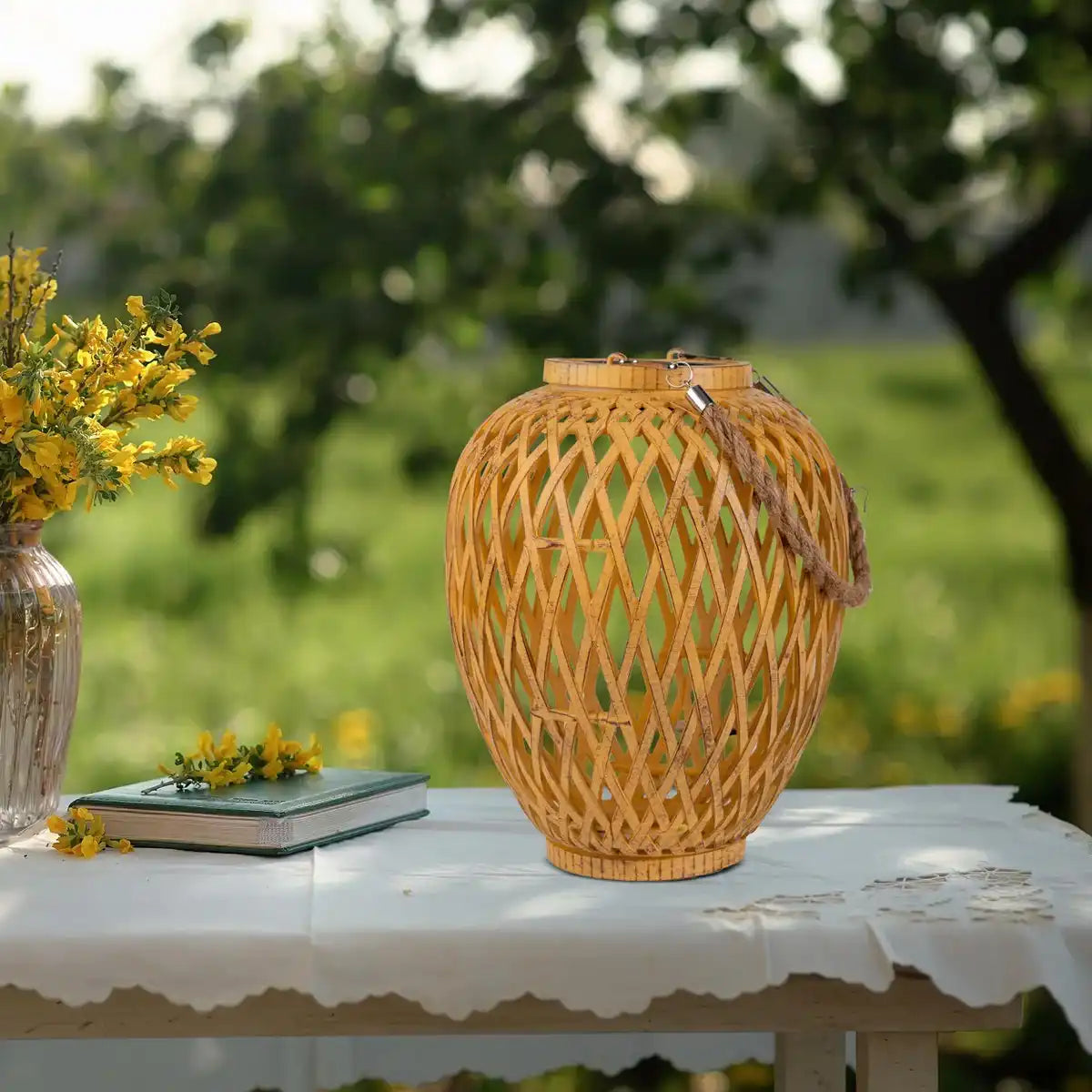 2er Set Korb- / Solardekoleuchte "Cesto", aus naturfarbenem Kunstrattan, mit Dämmerungssensor, warmweiß, 24 cm hoch, für den Außenbereich