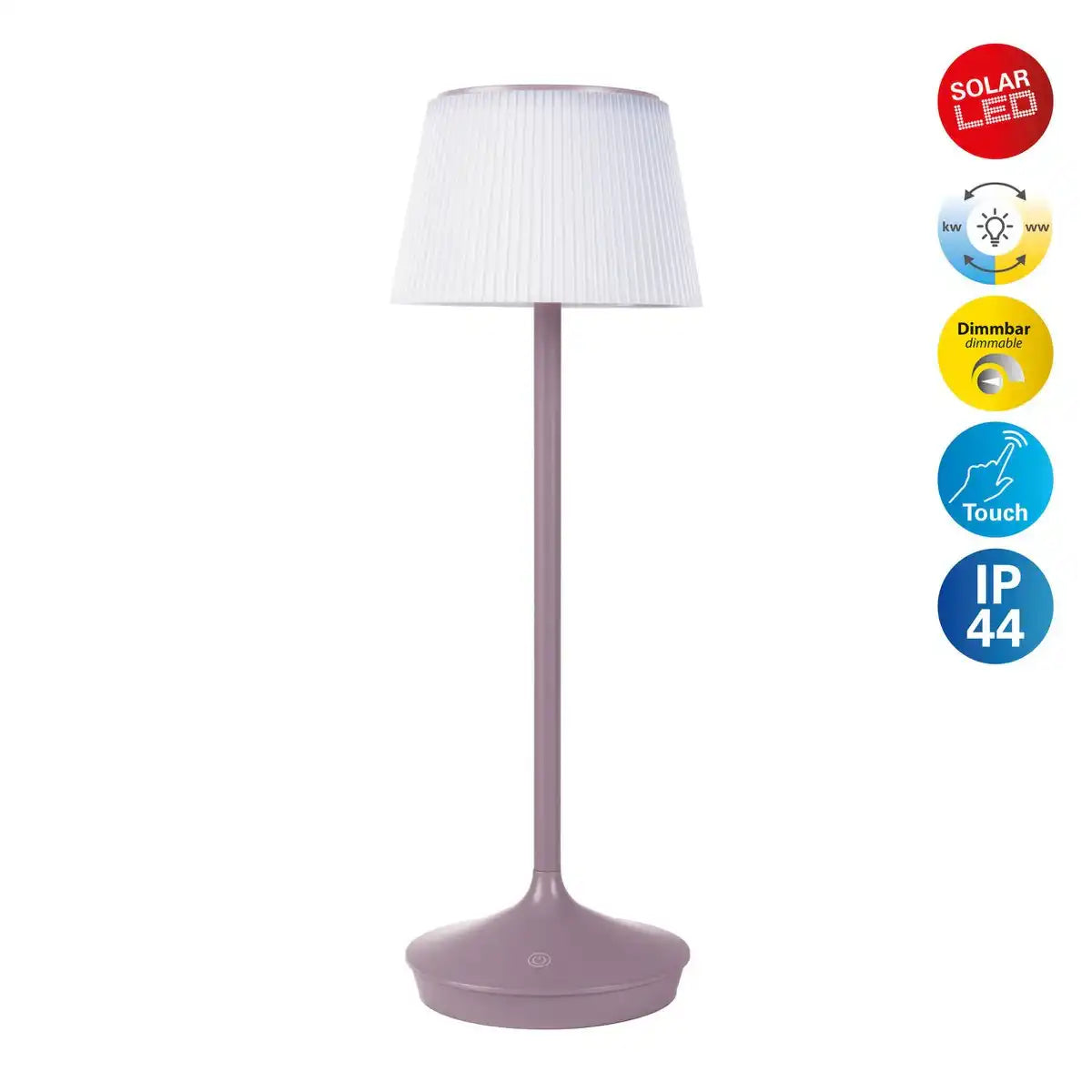 Solar-Akkutischleuchte "EMMI" 38 cm hoch, Schirm Ø 13 cm, Metall in Brombeer und weißer Kunststoff, für den Außenbereich, dimmbar CCT.