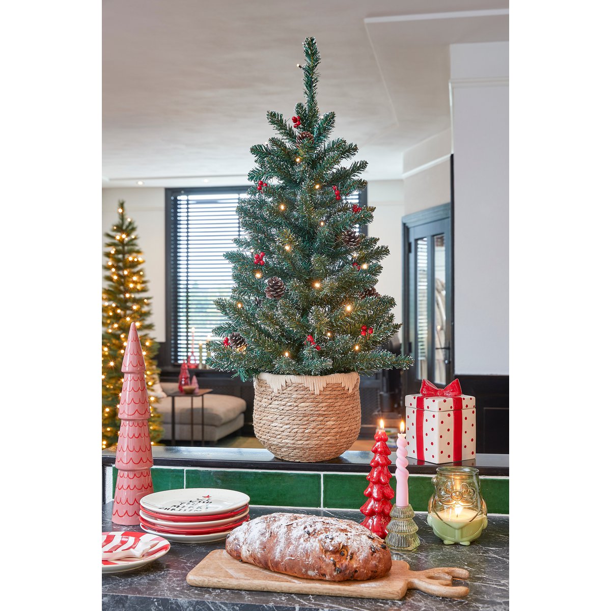 Künstlicher Weihnachtsbaum im Topf mit LED-Beleuchtung – H90 x Ø50 cm – Grün gefrostet