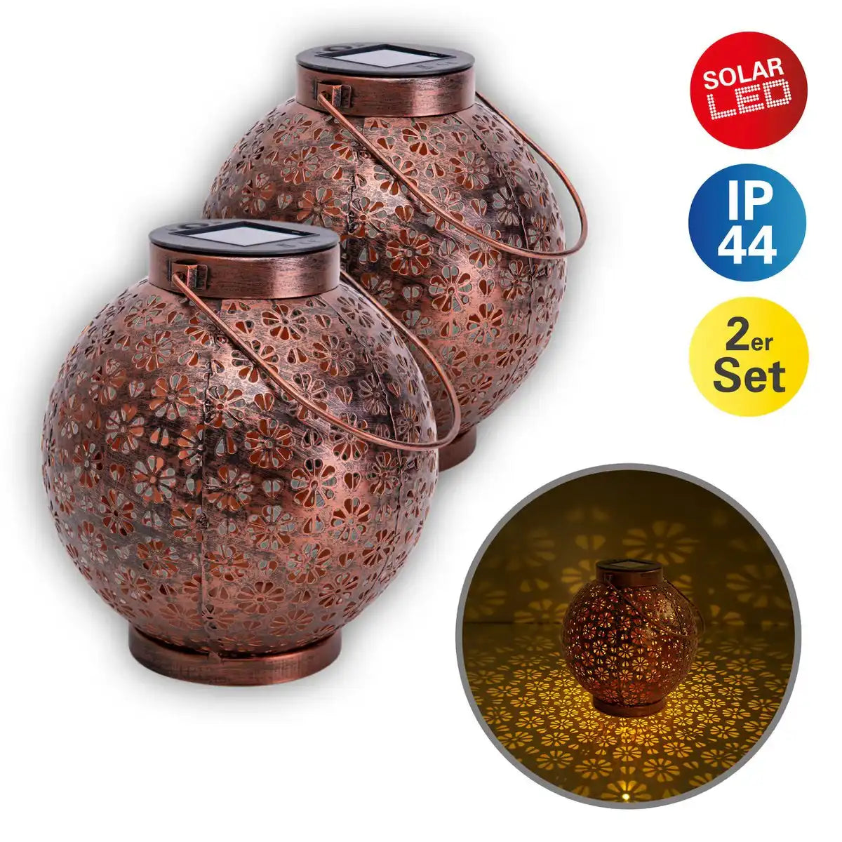 2er-Set LED Deko-Solarleuchte Ø 18 cm Außen Deko aus Metall in Bronze mit integrierten LEDs