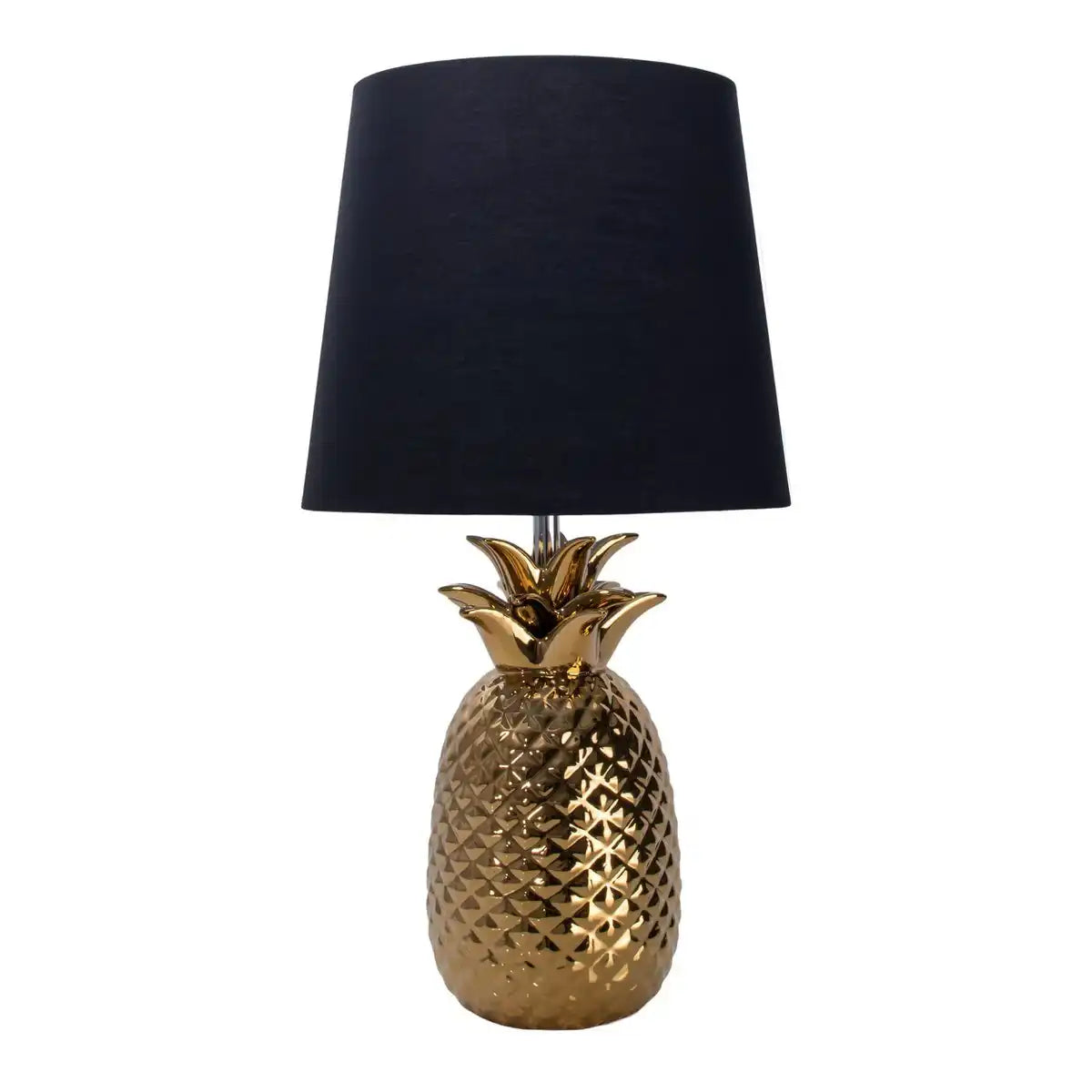 Keramik-Tischleuchte "ANANAS", Tischlampe aus Keramik mit goldfarbener Glasur und schwarzem Stoffschirm, mit E14-Fassung, für Esszimmer, Wohnzimmer, Diele oder Büro, Tischleuchte 45 cm hoch