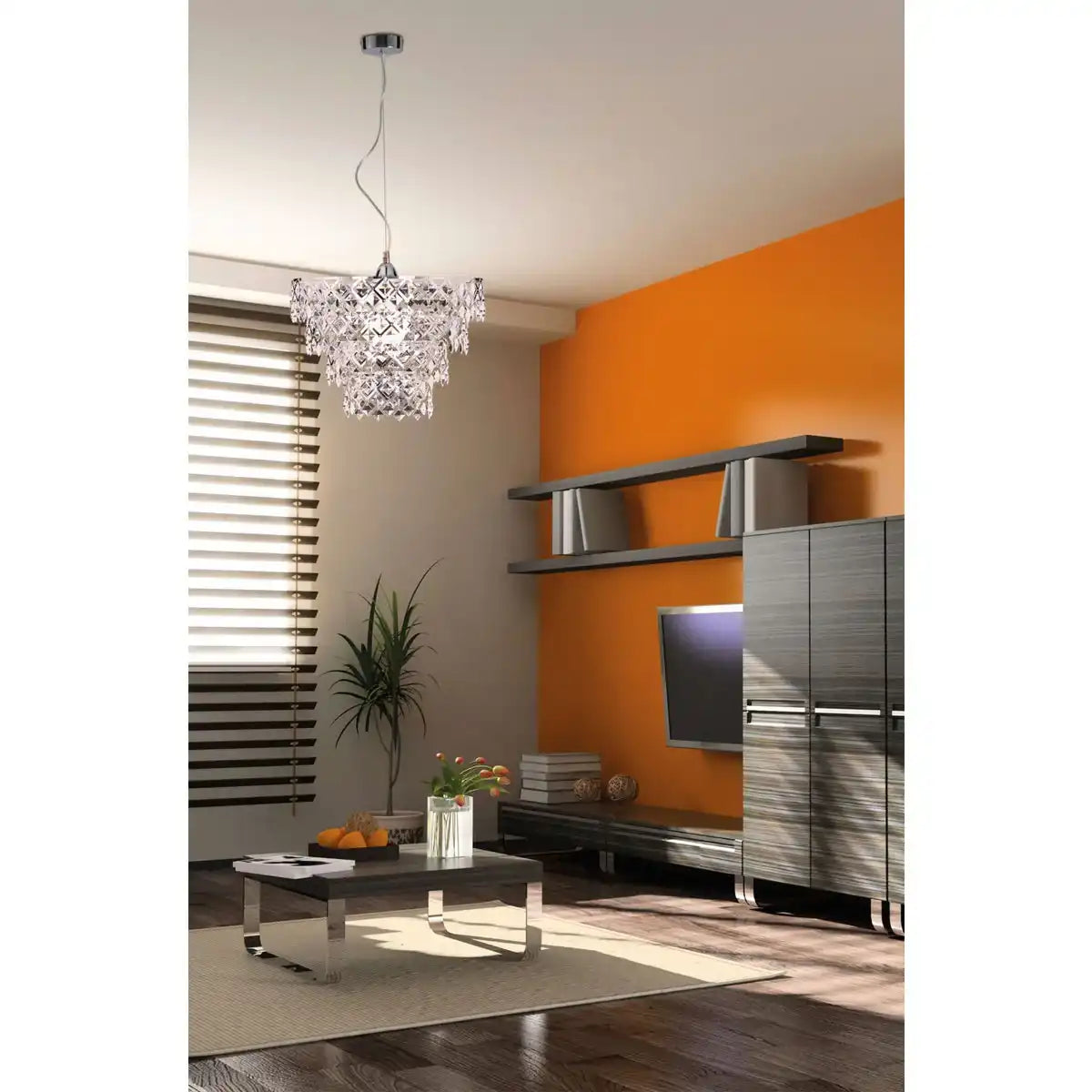 Acryl Pendelleuchte "FANCY", moderner Kronleuchter aus Metall und Kunststoff in Chrom, mit E27-Fassung und einem Øvon 38 cm