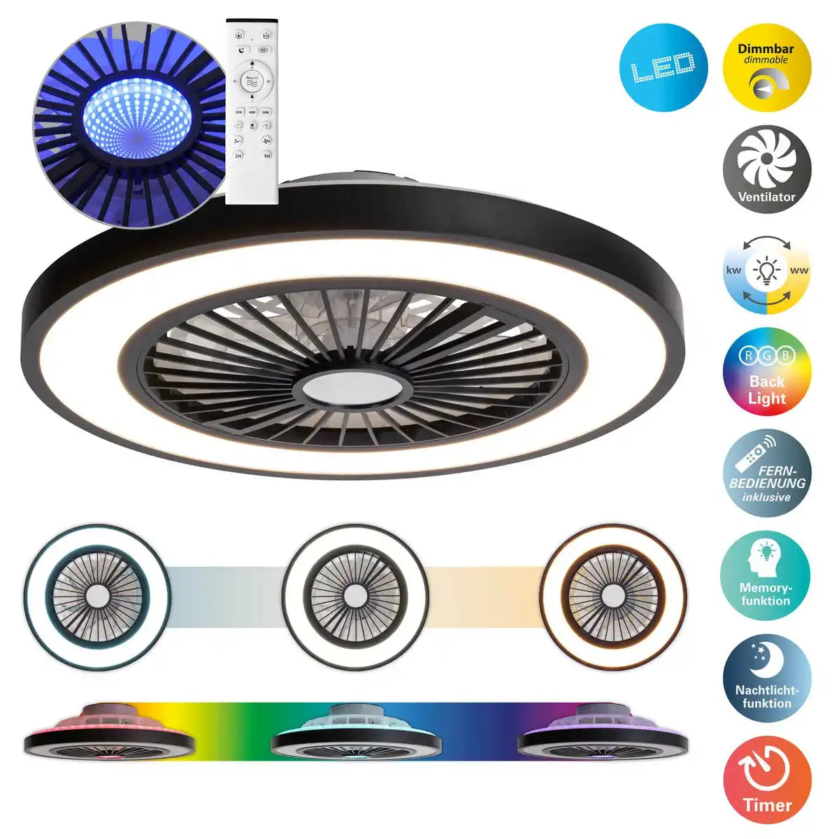 LED Deckenleuchten + Ventilator "ARIOSO" Ø 54 cm, aus Metall und Kunststoff, mit vielen Funktionen