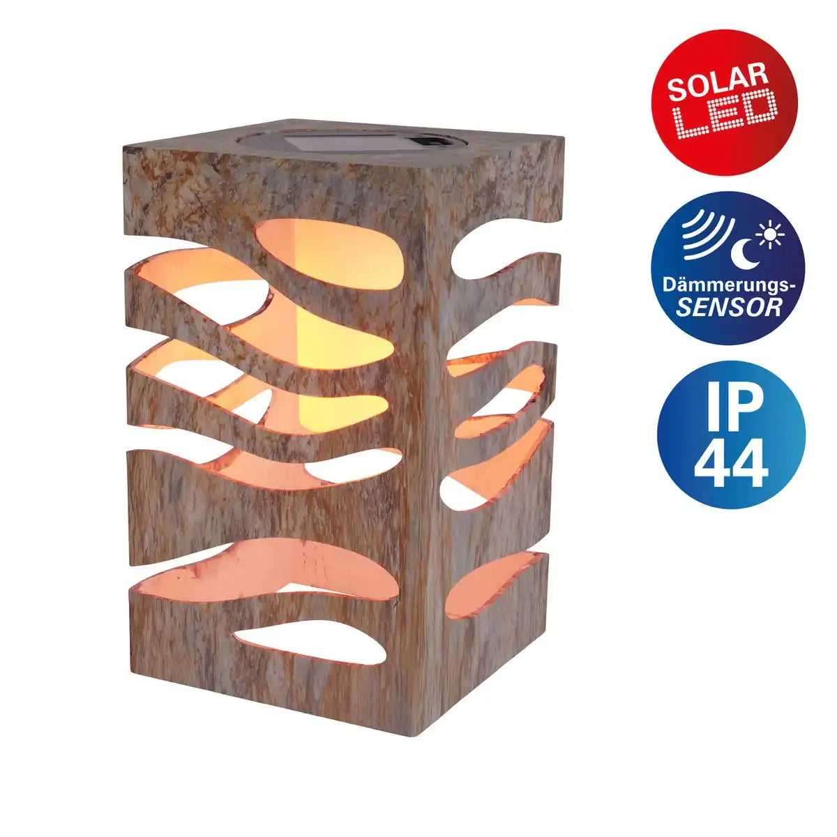 LED Deko-Solarleuchte "HILDA", 12,3 x 12,3 cm, 20 cm hoch, aus hochwertigem Kunststoff, außen braun-beiges Marmor-Finish, integrierte LED, warmweiß