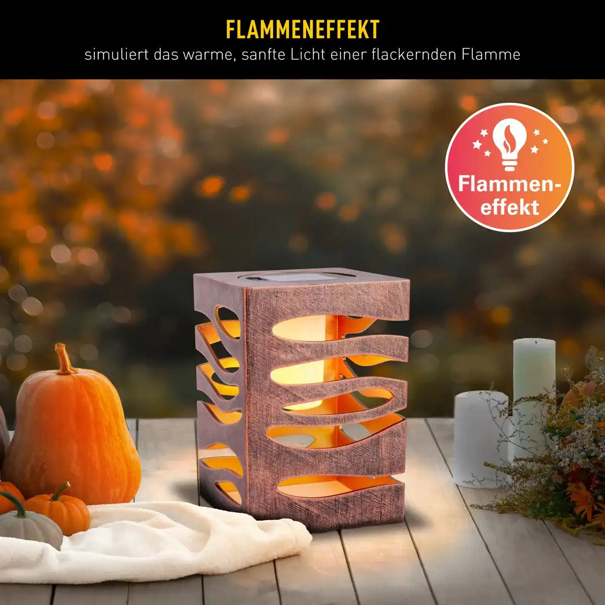 LED Deko-Solarleuchte "HILDA", 12,3 x 12,3 cm, 20 cm hoch, aus hochwertigem Kunststoff, innen Gold, außen gold-braunes Metall-Finish, integrierte LED, warmweiß