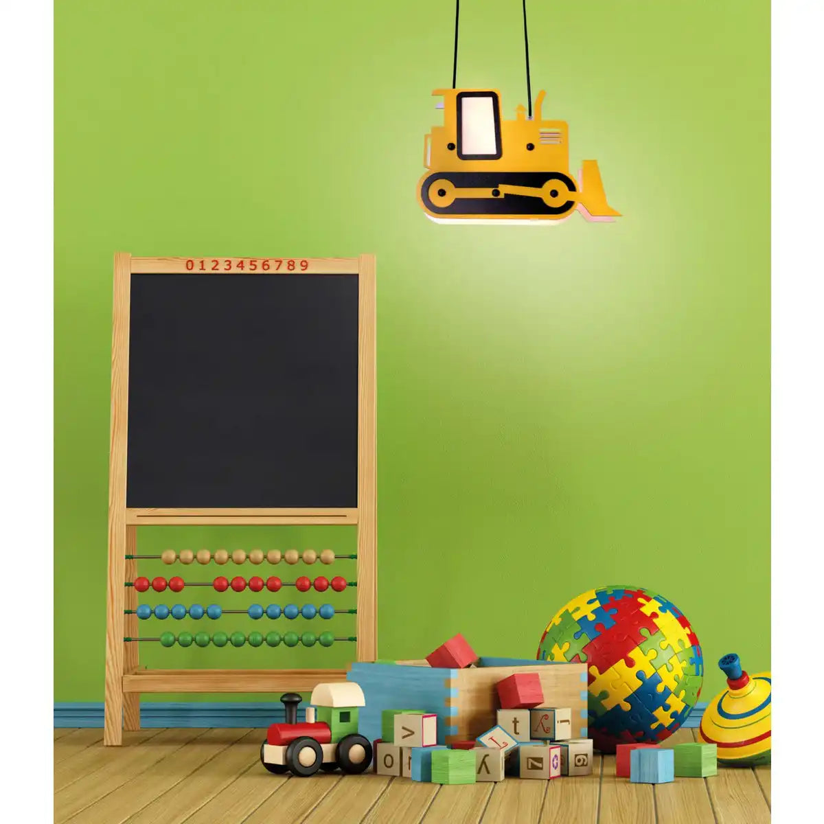 Die Pendelleuchte Planierraupe "Carter" ist die perfekte Hängelampe fürs Kinderzimmer. Sie besteht aus bemaltem Holz und ist mit einer E27-Fassung ausgestattet.