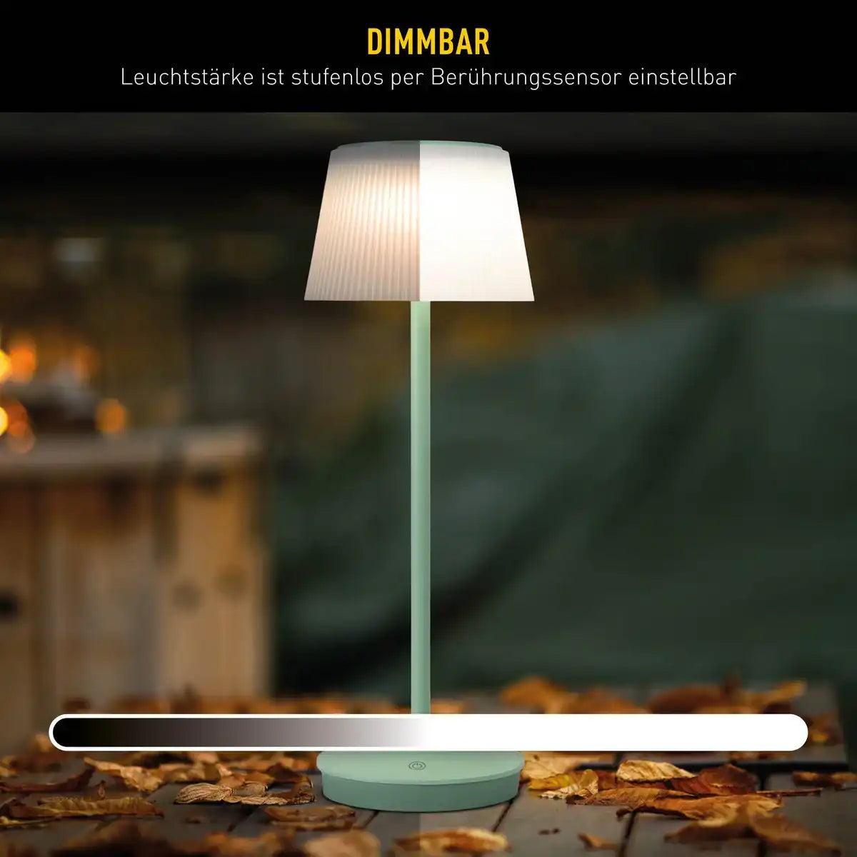 Solar-Akkutischleuchte "EMMI" 38 cm hoch, Schirm Ø 13 cm, Metall in Mint und weißer Kunststoff, für den Außenbereich, dimmbar CCT.