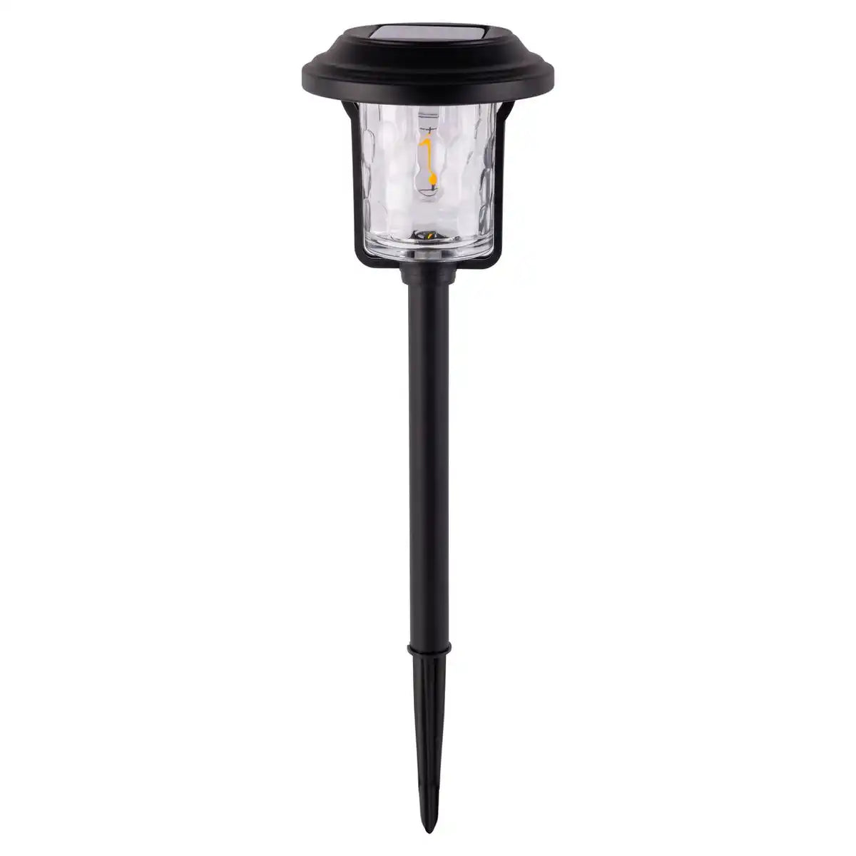 Solar-Deko-Erdspieß "SIMON" 54,7 cm hoch, aus schwarzem Metall und strukturiertem Glas, integrierte LED, warmweiß.