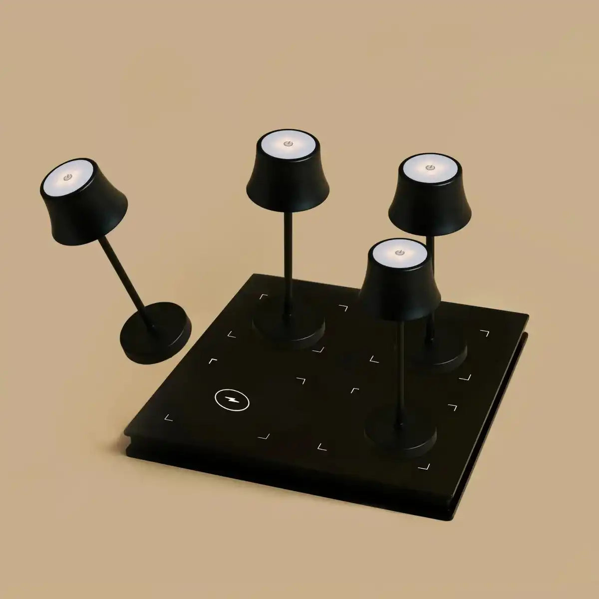 Combi Set Professional-4 x de pijp Mini Midnight Black wiederaufladbare Tischlampen & 1 x Amstel Wireless Ladestation mit Qi-Technologie