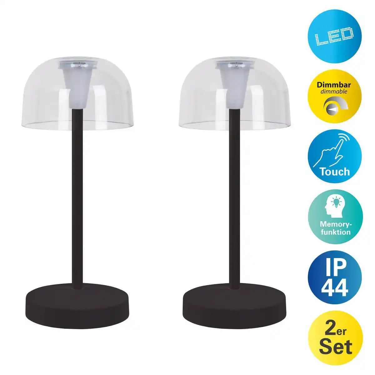 2er-Set LED-Akku-Tischleuchte "Gomba" für Außen und Innen, aus Metall und Kunststoff in Schwarz , 18,5 cm hoch