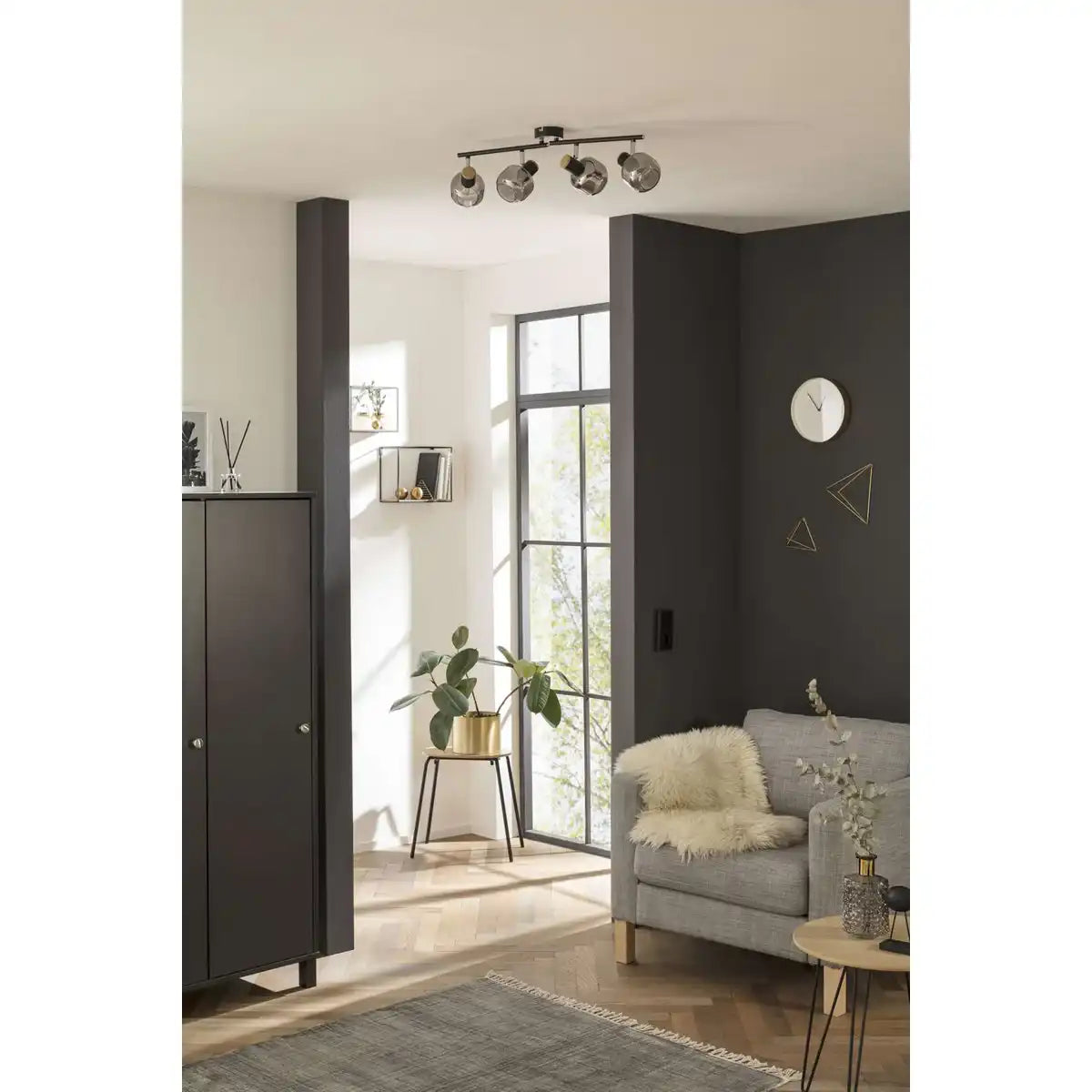 4er Spot Deckenleuchte "FUMOSO", Deckenlampe aus Metall und Rauchglas in Schwarz, mit E14-Fassung, für Esszimmer, Wohnzimmer, Diele oder Büro, 80 x 20 cm
