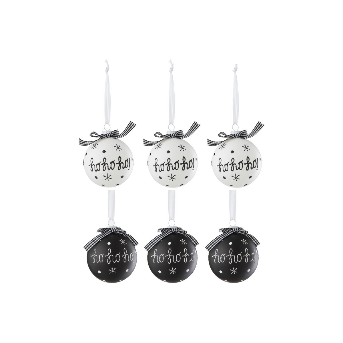 J-Line Box mit 6 Weihnachtskugeln 3+3 Hoho+Schneeflocken+Schleife, Glas, Schwarz/Weiß, klein