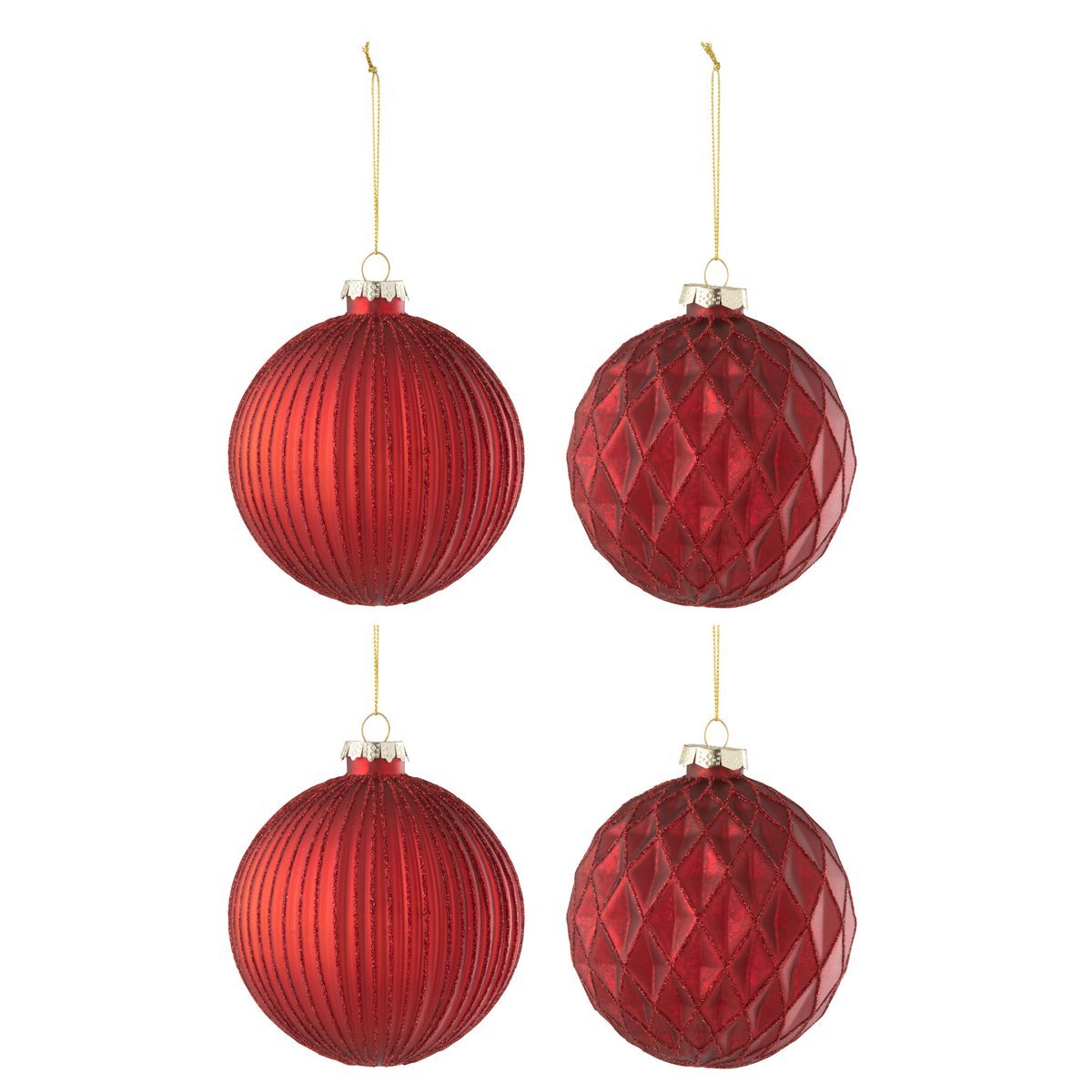 J-Line Box mit 4 Weihnachtskugeln, 2+2 gerippt/rautenförmig, Glas, Rot, groß
