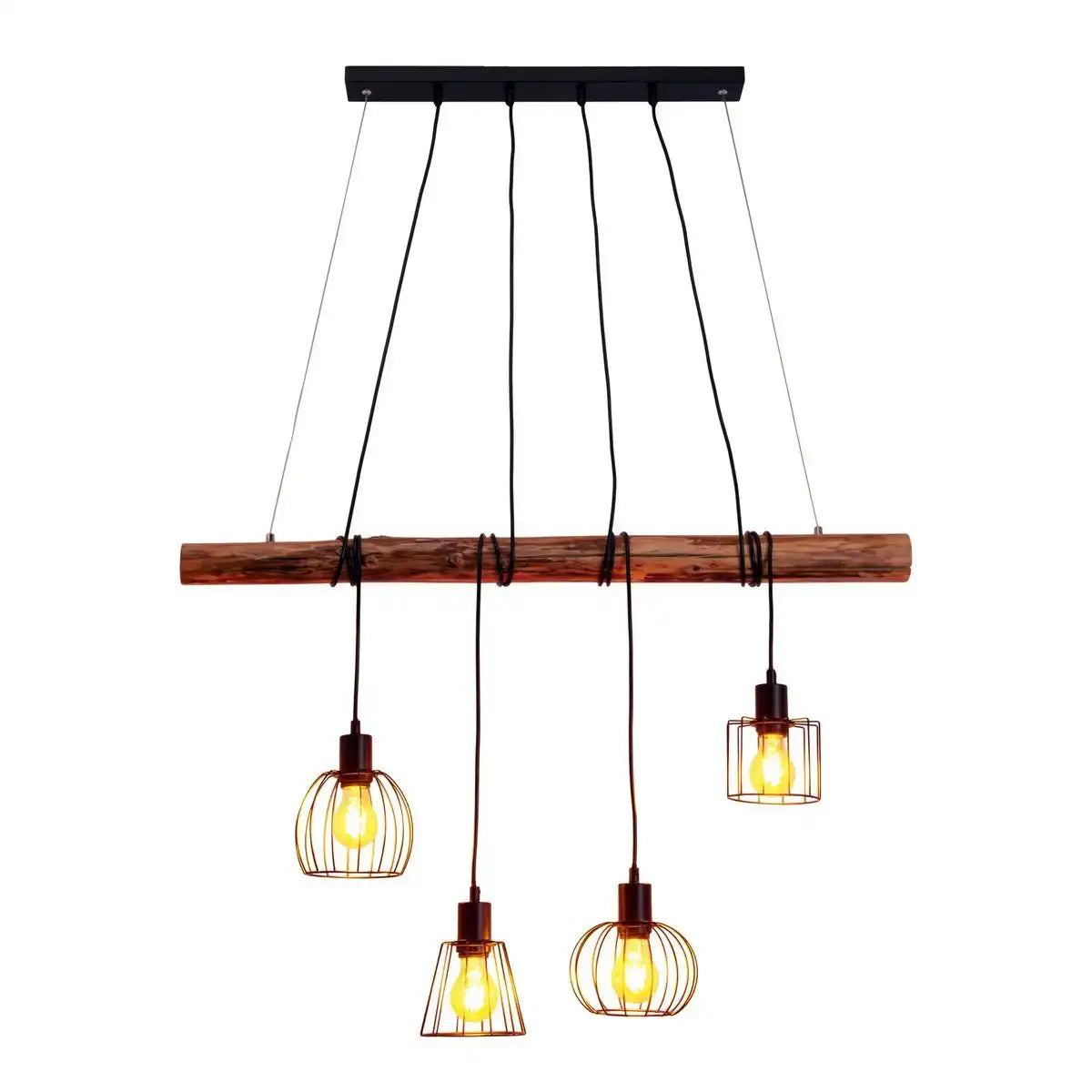 4er Pendelleuchte "WOODLAND", Hängelampe, Metall und Holz in Schwarz, und natur- E27-Fassung, für Esszimmer, Wohnzimmer, Diele oder Büro, 100 cm lang