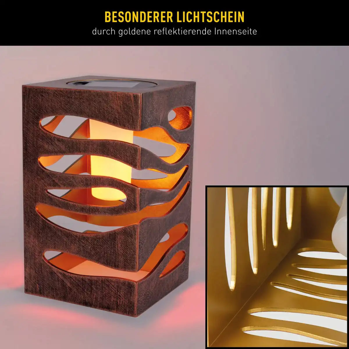 LED Deko-Solarleuchte "HILDA", 12,3 x 12,3 cm, 20 cm hoch, aus hochwertigem Kunststoff, innen Gold, außen gold-braunes Metall-Finish, integrierte LED, warmweiß