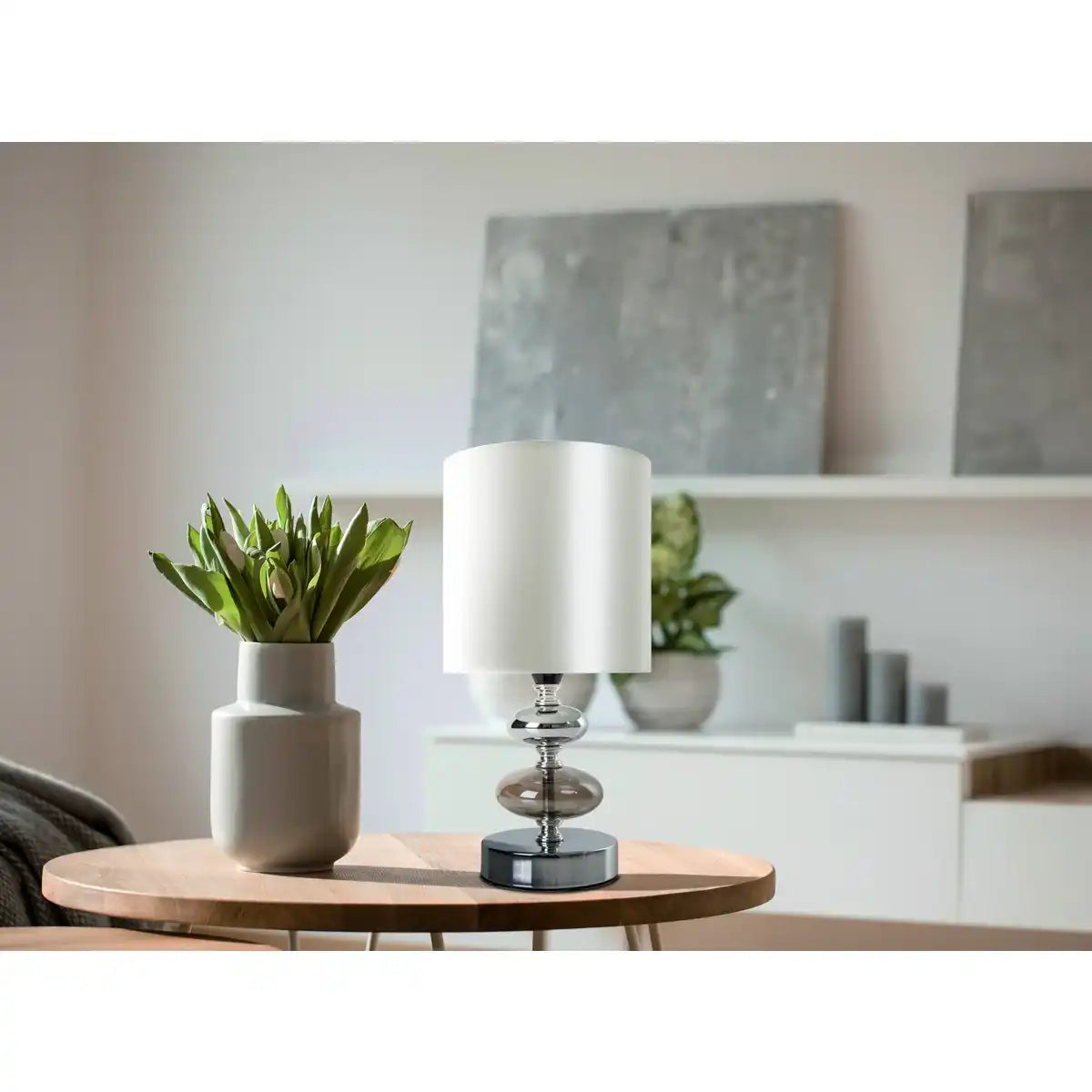 Stoff, Tischleuchte "MALI", Tischlampe aus Metall und Textilmaterial, weiß, mit E14-Fassung, für Esszimmer, Wohnzimmer, Diele oder Büro, Tischlampe für Wohnzimmer oder Esszimmer, Nachttischlampe- 28,5 cm hoch