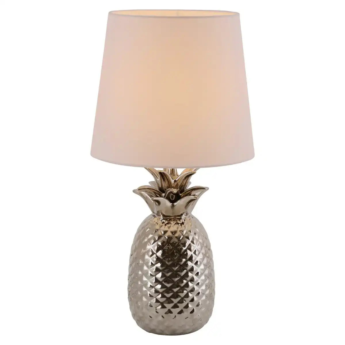 Keramik-Tischleuchte "ANANAS", Tischlampe aus Keramik mit chromfarbene Glasur und weißem Stoffschirm, mit E14-Fassung, für Esszimmer, Wohnzimmer, Diele oder Büro, 45 cm hoch