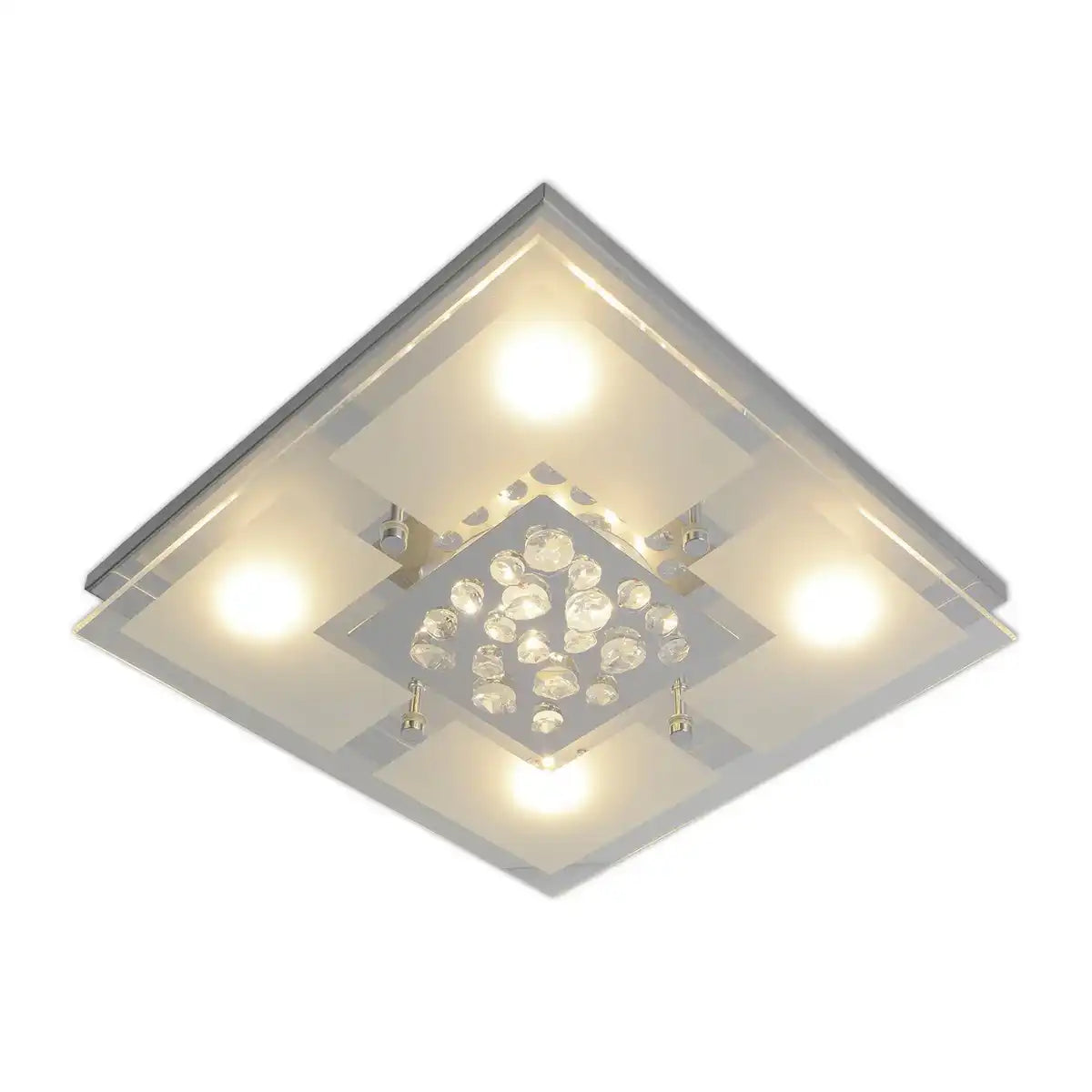 Die LED Deckenleuchte "CHUR" 30 x 30 cm, chomfarbenes Metall, teilsatiniertes Glas, integrierte LEDs, warmweiß