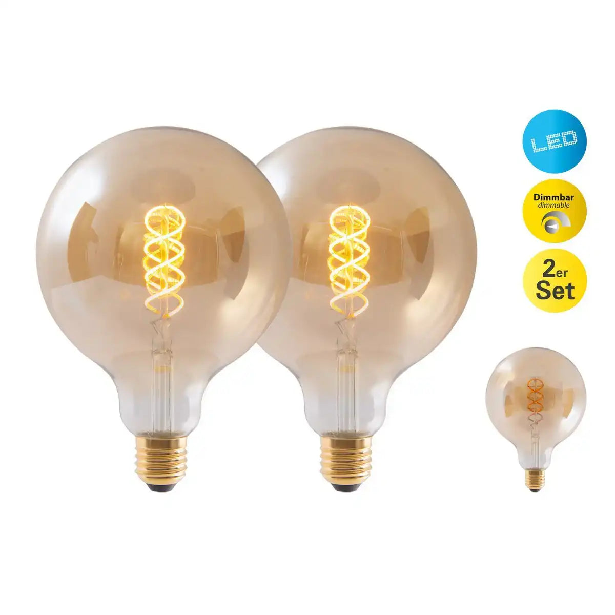 2er-Set LED Leuchtmittel E27-Fassung, 5 Watt Ø 12,5cm, Metall und Glas, amber