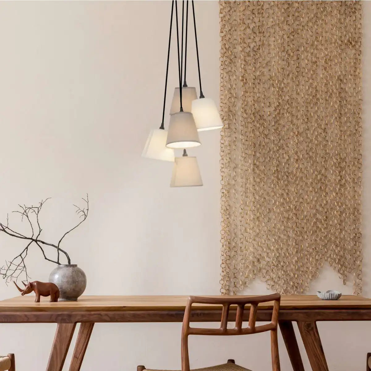 Textilpendelleuchte "BOHO", Junges Wohnen, Hängelampe mit 5 Textilschirmen in Beige und Braun, mit E14-Fassung, für Esszimmer, Wohnzimmer, Diele oder Büro, 95 cm hoch