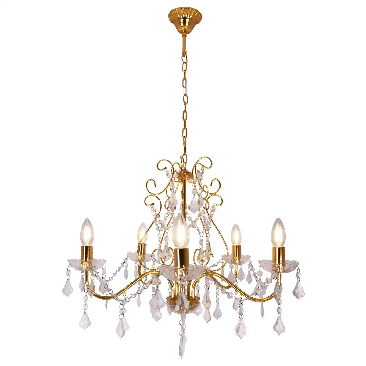 Krone 5flg. "LUCIA" mit Behang , aus Metall und Kunststoff in Gold, mit E14-Fassung, Beleuchtung für Esszimmer, Wohnzimmer, Diele oder Büro