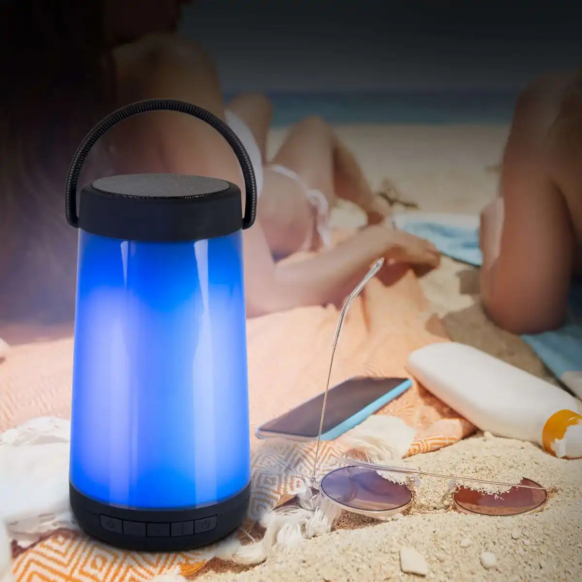 LED-Tischleuchte mit BT-Speaker "FESTA" für den Außenbereich aus schwarzem Kunststoff mit integrierten LEDs, 18 cm hoch