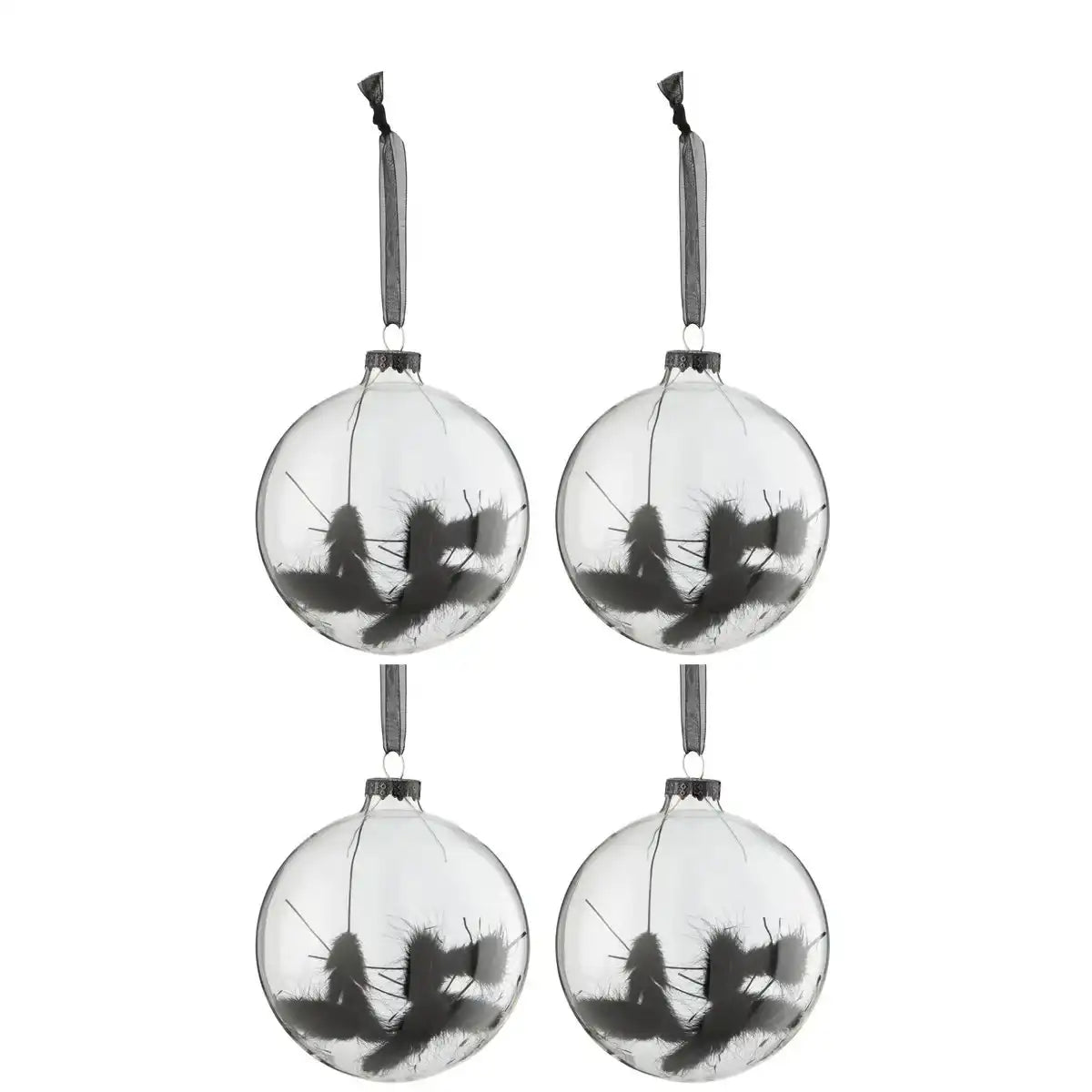 J-Line Box mit 4 Weihnachtskugeln, rund, getrockneter Hasenschwanz, schwarzes Glas, transparent, mittelgroß