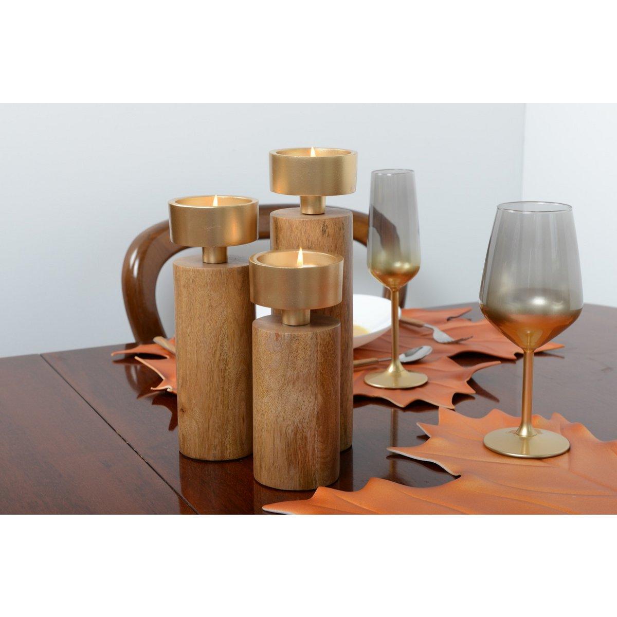 KERZENHALTER AUS HOLZ & GOLD METALL 19CM