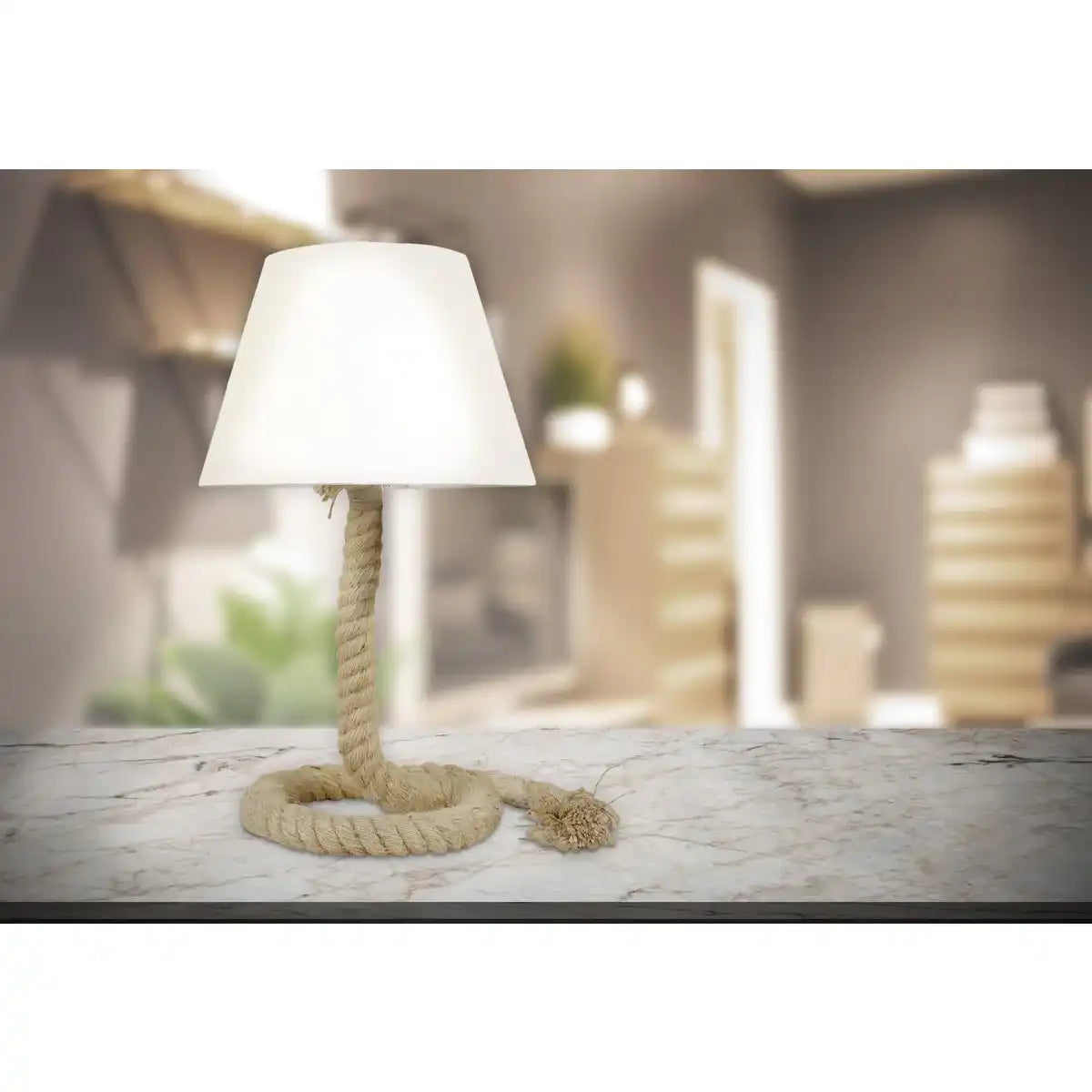Tischleuchte mit Textilschirm "ROPE", Tischlampe aus Metall, Kunststoff, Jute und Textil in weiß, mit E14-Fassung, für Wohnräume, Diele oder Büro, 40 cm hoch
