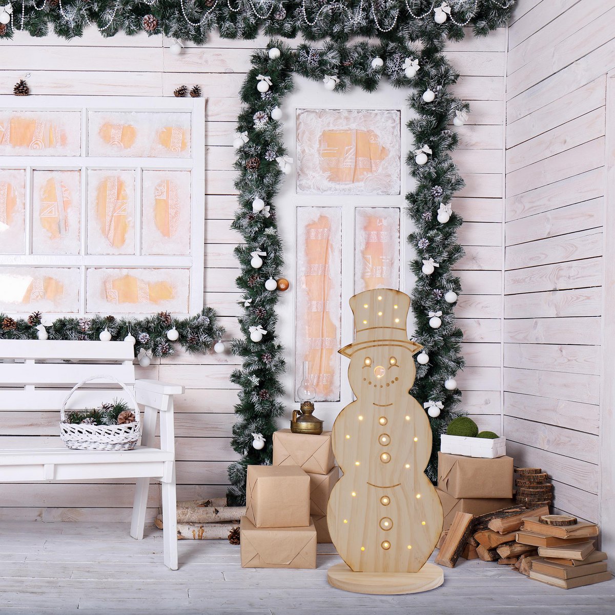 LED-Holz-Dekoleuchte "SNOWY" klein, Weihnachtsdeko aus Holz in Natur, mit fest verbauten LEDs, für den Außenbereich